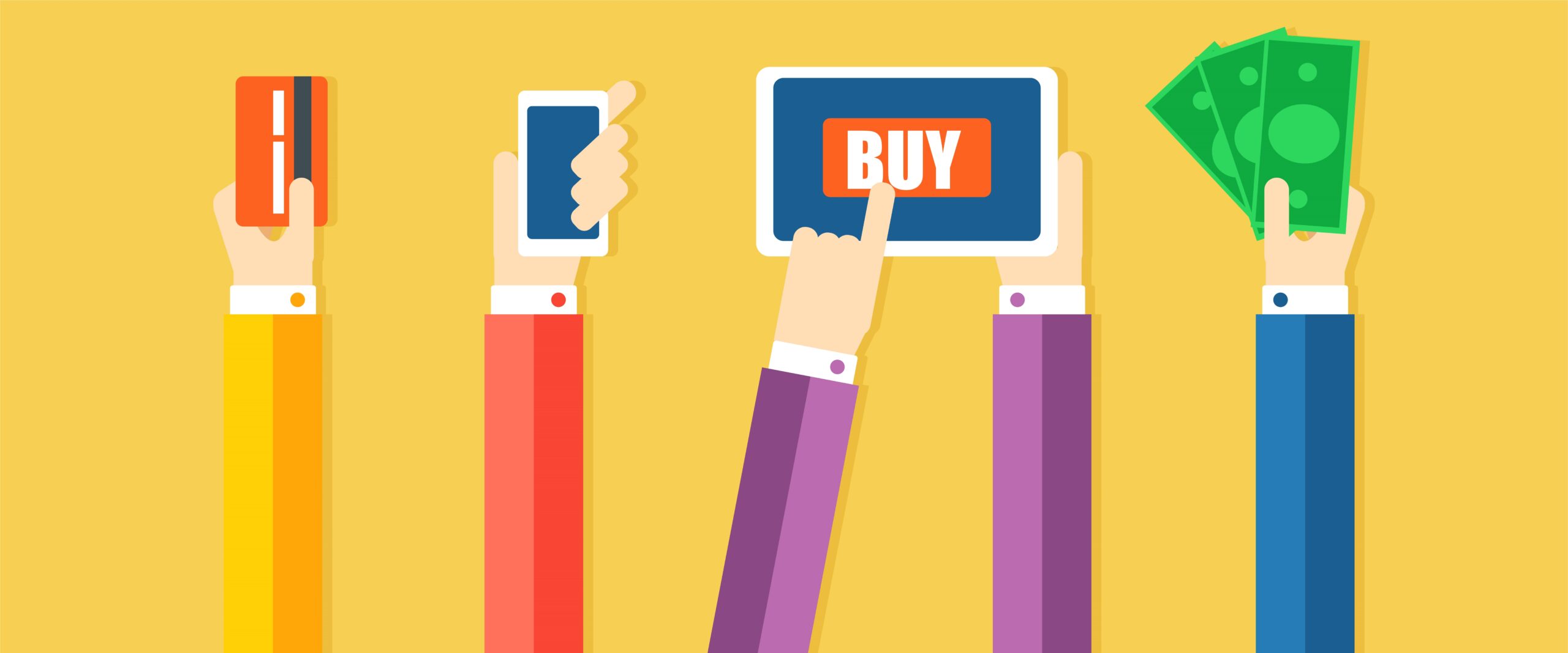 Paymen methods banner. Hands pay for the goods, with the help of cash, phone, card. Vector flat illustration